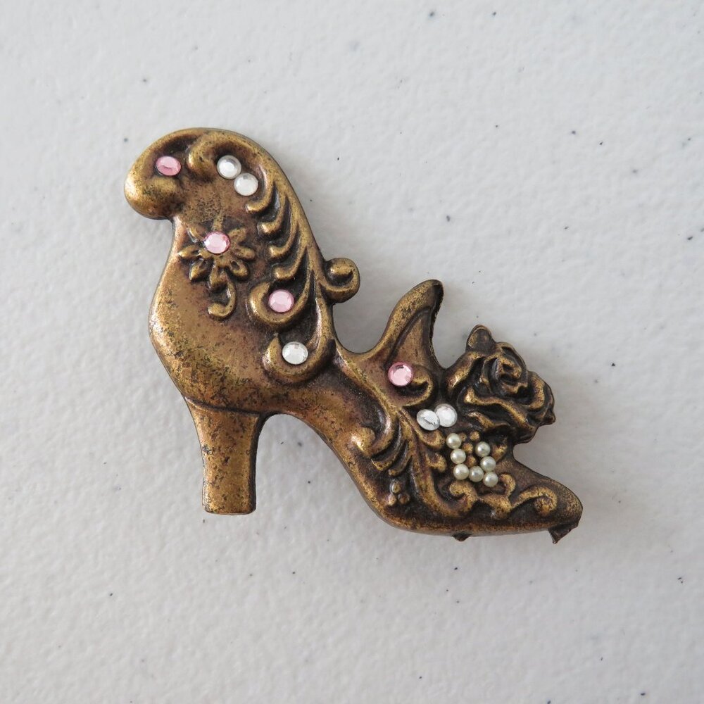 Hidden Heart Victorian Shoe Gold Tone Brooch Floral Rhinestone Pearls Pin